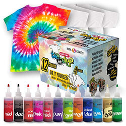 Tie Dye Kit | Fabric Dye | Includes 4 White T-Shirt | All-in-1 DIY Fashion Dye Kit - 12 Colors Tie Dye + 4 White T-Shirt | Crafts for Girls & Boys Ages 6-12 | Tye Dye Kits Set | Best Tie Dye Party Kit