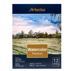 Artecho Watercolor Paper Pad, 12 Sheets (140lb/300gsm), Fold Over, Acid Free, Medium Grain, Cold Pressed Paper, Painting & Drawing Sketchbook, Perfect for Wet, Dry & Mixed Media