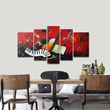 Wieco Art The Music Score 5 Piece 100% Hand Painted Abstract Oil Paintings Canvas Wall Art Home Decorations for Dining Room Bedroom Kitchen Modern Stretched and Framed Contemporary Grace Red Artwork