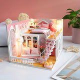 Miniature House Kit-DIY Miniature Dollhouse Kit-Mini House Making Kit with Furniture Lights-Wooden Model House to Build with Dustproof Cover Assemble Tools,Craft Hobby for Adults-Stable Happiness