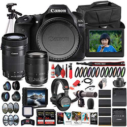 Canon EOS 80D DSLR Camera with 18-135mm Lens (1263C006) + EF-S 55-250mm Lens + 4K Monitor + Pro Headphones + Pro Mic + 2 x 64GB Memory Card + Case + Corel Photo Software + Pro Tripod + More (Renewed)