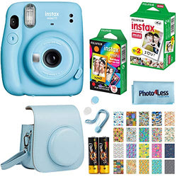 Fujifilm Instax Mini 11 Instant Camera - Sky Blue (16654762) + Fujifilm Instax Mini Twin Pack Instant Film (16437396) + Single Pack Rainbow Film + Case + Travel Stickers
