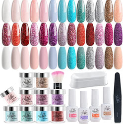 Aikker 20 Galaxy Color Dip Powder Nail Kit Starter with Everything Base Activator Top Coat Recycling Tray Brush File Nail Art Set No Lamp Needed AK16P