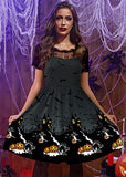 Halloween Women Vintage Lace Sleeve Midi Dress Swing Pumpkin Bat Party Costume Black XXL