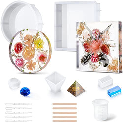 5 PCS Resin Molds Silicone Kit with Tools, Large Epoxy Resin Kit Including Square, Round for Flowers Preservation, Mini Diamond, Pyramid, Rectangle for Beginner DIY Art Resin Starter