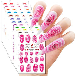 TailaiMei 12 Sheets Flower Nail Art Stickers, Self-Adhesive Colorful Hand Drawn Roses DIY Nail Decals or Nail Salon