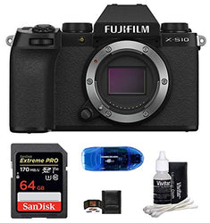 FUJIFILM X-S10 Mirrorless Digital Camera Bundle, Includes: SanDisk 64GB Extreme PRO SDXC Memory Card, Card Reader, Memory Card Wallet and Lens Cleaning Kit (5 Items) (Body)
