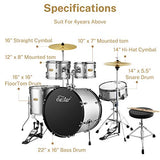 Drum Set Eastar 22 inch for Adults, 5 Piece Full Size Drum Kit Junior Beginner with Pedal Cymbals Stands Stool and Sticks, Metallic Silver