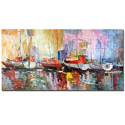 Bouvy Art,24x48Inch 100% Hand Painted Colorful Sailboat Oil Painting Abstract Modern Canvas Artwork Romance Seascape Wall Art Stretched and Framed Ready to Hang Home Wall Decoration