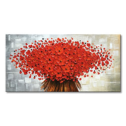 Winpeak Art Hand Painted Abstract Canvas Wall Art Modern Textured Red Flower Oil Painting Contemporary Artwork Floral Hangings Stretched and Framed Ready to Hang (48" W x 24" H, Red)