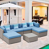 SUNBURY Outdoor Sectional 7-Piece Wicker Sofa in Pearl Gray, w 4 Stripe Pillows, Denim Blue Cushions Elegant Patio Furniture Chair and Table Set for Backyard Garden Porch