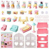 Wemfg DIY Dollhouse Kit Pink House Playset for Girls Kids Toddlers, Bunny Dollhouse Set with Furniture Accessories, Small Doll House Kit, Home Gift Set Birthday (Easy-to-Assemble Design)