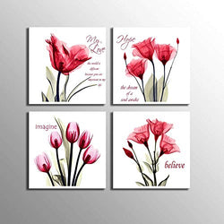 YPY Vibrant Canvas Wall Art 4 Panel Red Color Tulip with Quotes The Dream of a Soul Awake Nature Beauty Artwork for Home Decor 12x12