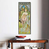 INVIN ART Framed Canvas Giclee Print Morning Awakening. from The Times of The Day Series. 1899 by Alphonse Mucha Wall Art Living Room Home Office Decorations(Black Slim Frame,12"x36")