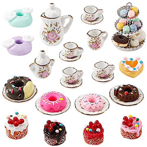 40 Pcs 1:12 Scale Dollhouse Miniature Kitchen Accessories Set Includes 15 Flower Pattern Porcelain Tea Cup 24 Mixed Pretend Cake Foods 1 Mini Three-Tier Cake Stand for Decor Supply (Fresh Style)