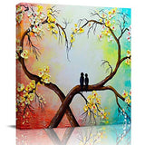 Love Art Wall Decor Hand Painted Heart Branch Paintings for Home Modern Gallery Decoration Couple Birds Flowers Floral Picture Stretched Framed, Ready to Hang 20x20in