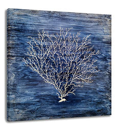 Yihui Arts Coral Canvas Wall Art Hand Painted Navy Blue and White Paintings Modern Abstract Tree Pictures Contemporary Coastal Artwork for Living Room Bedroom Bathroom Decoration