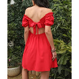 Byinns Womens Square Neck Tie Back Ruffle Off Shoulder Dress Summer Smocked Flowy A-Line Casual Mini Dresses Red