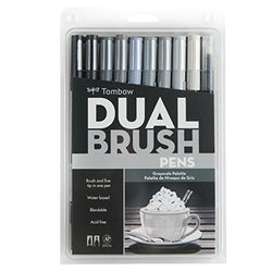 Tombow 56171 Dual Brush Pen Art Markers, Grayscale, 10-Pack. Blendable, Brush and Fine Tip Markers