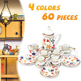 60 Pieces 1:12 Scale Miniatures Dollhouse Porcelain Tea Cup Set Include 15 Flower Pattern,15 Blue Porcelain,15 Plum Blossom and 15 Red Rose Teapot Cup Set Porcelain Accessories for Doll Toy Supplies