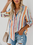 Astylish Women Striped Button Down Long Roll up Sleeves Work Shirt Blouse Tops Orange X-Large