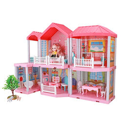 SURPCOS Dollhouse, Princess Doll House, Dreamhouse Building Toys with Furniture Accessories and Dolls, Cottage Pretend Play House Set, DIY Creative Gift for Girls Toddlers, 6 Rooms Pink