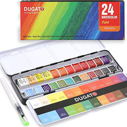 DUGATO Watercolor Paint Set, 24 Assorted Vibrant Colors (in Tin Box) with Metal Ring Bonus Water Brush Pen for Artists, Art Painting, Ideal for Watercolor Techniques