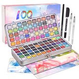 100 Professional Watercolor Paint Set，Water Color Paints with 54 Premium Colors+10 Fluorescent Colors+36 Metallic Colors+2 Water Brushes+1 Fineliner+1 Sketching pencil,Portable Travel Watercolor Set for Artists Adults Kids
