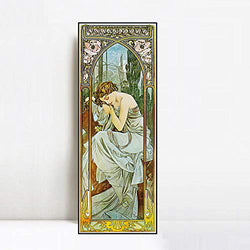 INVIN ART Framed Canvas Giclee Print Night's Rest. from The Times of The Day Series. 1899 by Alphonse Mucha Wall Art Living Room Home Office Decorations(Black Slim Frame,12"x36")