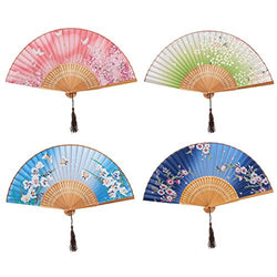 4-Piece Folding Fans - Hand-held Fans for Women, 4 Different Japanese Style Colorful Designs with