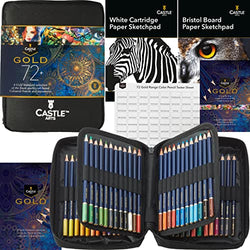 Castle Art Supplies Gold Standard 72 Coloring Pencils Set with Extras | Quality Oil-based Colored Cores Stay Sharper, Tougher Against Breakage | For Adult Artists, Colorists | In Zipper Case