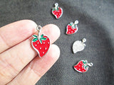 6 Pcs - Enamel Strawberry Pewter Charms Pendants Berry (NS254)