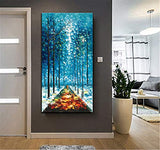 Alenoss Hand Painted 3D Abstract Oil Paintings 24X48 inch Modern Landscape Vertical Blue Canvas Wall Art Romantic Couples Walk Forest Framed Artwork Wall Paintings For Living room Bedroom Decor