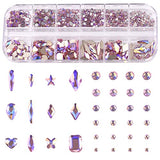 12 Designs Pink AB Rhinestones Glass Nail Crystals Diamonds Flatback Nail Gems Multi Shapes Iridescent Round Stones for Nail Art Crafts Décor