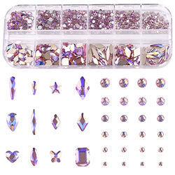 12 Designs Pink AB Rhinestones Glass Nail Crystals Diamonds Flatback Nail Gems Multi Shapes Iridescent Round Stones for Nail Art Crafts Décor
