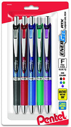 Pentel EnerGel RTX Retractable Liquid Gel Pen, 0.5mm, Metal Tip, Assorted Ink, Pack of 5