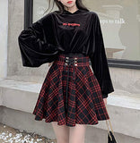 Women's High Waisted Short A-line Flare Gothic Mini Black Red Plaid Pleated Skirt Dress