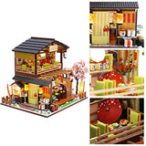 juman DIY Dollhouse Kit, Dollhouse Miniature Kit 3D Japanese Assembled Sushi Shop Handmade Wooden Dollhouse with LED Lights and Music Movement for Christmas Birthday Gift