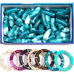 ZYEHXED 72 Pcs Acrylic Chunky Tube Beads for Bracelets Making Peacock Blue Colors Curved Bamboo Tube Beads Chunky Noodle Beads and Elastic Strings for DIY Jewelry Making