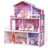 ROBUD Wooden Dollhouse for Kids with 24pcs Furniture Preschool Dollhouse House Toy Dollhouse for Toddlers Girls Dollhouse