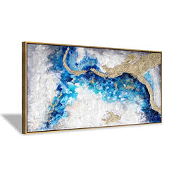 Canvas Wall Art Painting Abstract: Large Hand-Painted Heavy Textured Blue Picture Artwork Framed for Living Room (48 inch x 24 inch)