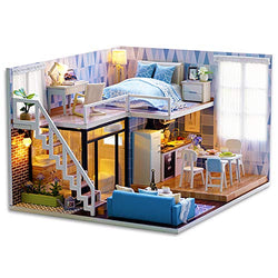 Dollhouse Miniature with Furniture, DIY Wooden Doll House Kit Plus LED and Music Movement, 1:24 Scale Creative Room Idea Best Gift for Children Friend Lover （Blue Time）