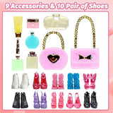 36 PCS Doll Clothes for 11.5 inch Girl Doll Including 1 The Movie Pink Dress 1 Sequn Outfits 1 Winter Set 3 Fashion Dress 1 Shawls 14 Makeup Kit 1 Hat 12 Pair Shoes in Random for Girls
