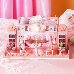 Spilay DIY Dollhouse Miniature with Wooden Furniture,Handmade Home Craft Pink Castle Mini Model Kit with Cover & Music Box,1:24 3D Creative Doll House Toy for Adult Teenager Gift (K052)
