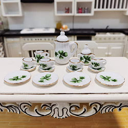 15 Pcs Dollhouse Tea Cup Set 1:12 Scale Porcelain Tea Cup Set Cherry/Leaves Pattern Exquisite Miniature Tableware Set Pretend Play Toys Dollhouse Decoration Ornaments Accessories Gifts (Leaves)