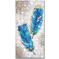 Yotree Paintings,24x48 Inch Blue Feather Oil Hand Painting 3D Hand-Painted On Canvas Abstract Artwork Art Wall Decoration Abstract Painting for livingroom