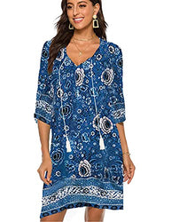 Halife Women Ruffle Sleeve Shift Dress Boho Floral Print Summer Beach Dress Sundress (Dark Blue M)