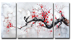Hand-painted Modern Chinese Style Cherry Blossom The Plum Blossom Tree Wall Art Picture 3pcs Oil Paintings on Canvas Handmade for Living Room Home Decor Framed Stretched Gallery Canvas Wrap Artwork