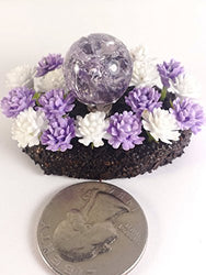 Miniature purple gazing ball and flowers. Fairy garden accessories, dollhouse, terrarium décor.