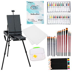 Falling in Art 58 Piece Lightweight French Style Easel Paint Set, 12 Acrylic Colors, 12 Watercolors, Painting Panels, Nylon Brushes, Airtight Palette and More